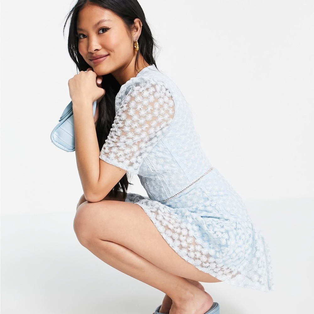 ASOS Parisian Petite allover lace detail mini dress in blue